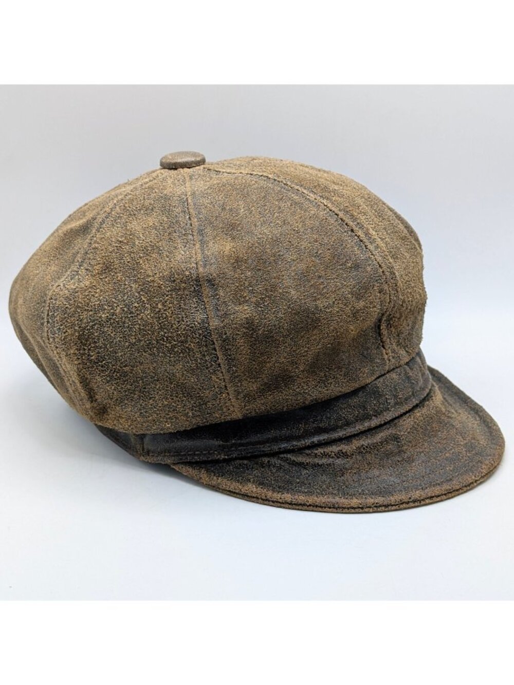 New York Hat Co Leather Newsboy Cap Vintage USA Made Distressed Brown Medium